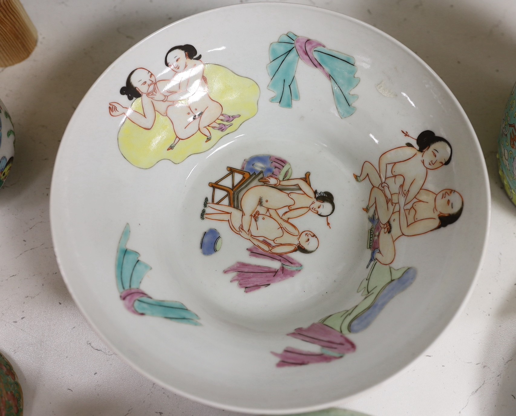 A Chinese famille charger, three vases and a plate, together with other Chinese and Japanese ceramics (13 items), Charger 48 cms diameter